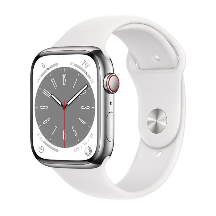 Apple Watch Series 8 GPS & 4G 45mm Silver Stainless Steel Case med White Sport Band - Regular