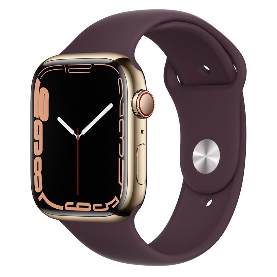 Apple Watch Series 7 GPS & 4G 45mm Gold Rustfri Stål Case med Dark Cherry Sport Band