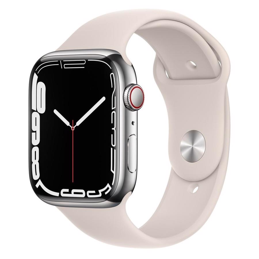 Apple Watch Series 7 GPS & 4G 45mm Silver Rustfri Stål Case med Starlight Sport Band